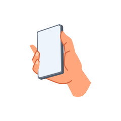 Smartphone with blank screen, isolated hand holding and showing touchscreen of mobile phone. Empty copy space for text mockup. Vector in flat cartoon style