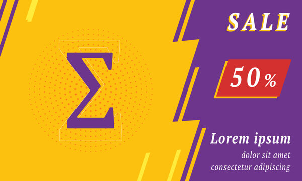 Sale promotion banner with place for your text. On the left is the sigma symbol. Promotional text with discount percentage on the right side. Vector illustration on yellow background