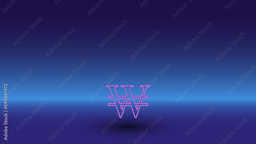 Poster neon korean won symbol on a gradient blue background. the isolated symbol is located in the bottom c