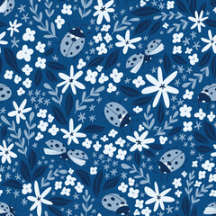 Vector insect seamless pattern. Hand-drawn ladybugs and flowers on the blue background. Summer ditzy floral pattern.