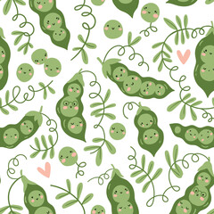 Green peas seamless pattern with cute faces in hand-drawn style. vector cute green natural design for tea towels and kitchen cloth. 