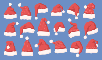 Xmas and new year symbol isolated Santa Claus hats with different prints and patterns. Merry christmas celebration, part of costume. Vector in flat cartoon style