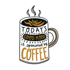Vector illustration of coffee mug silhouette with lettering 