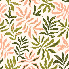 Vector tropical leaves seamless pattern. Hand drawn palm leaf for summer design. Exotic seamless background for fabric or wallpaper.