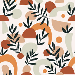 Contemporary collage seamless pattern in neutral colors with abstract shapes and tropical leaves. Creative repeat background. Vector abstract design.
