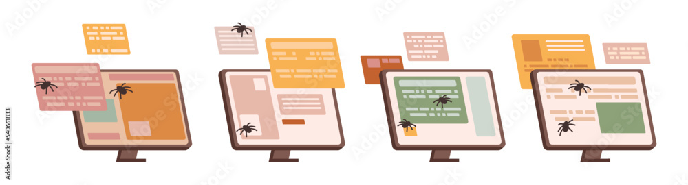 Aufkleber Displays with software interface and bugs, isolated laptops or computers with problems needs to be fixes by programmers specialists. Vector in flat cartoon style