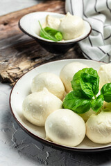 Traditional mozzarella cheese with fresh basil leaves on a light background. vertical image. top view. place for text