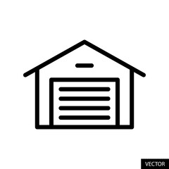Warehouse, Car shed, Storage, Garage, Storehouse vector icon in line style design for website, app, UI, isolated on white background. Editable stroke. Vector illustration.