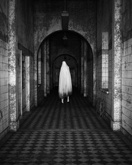 Floating Ghost in a Asylum Halloween Dark Black and White Film Grain Analogue Aesthetic Gothic Building  with Ghost Hunters Camera Flash 3d illustration render - 540662060