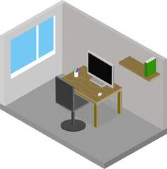 A room with a computer in a gray office, on a brown table in 3 d on a white background.
