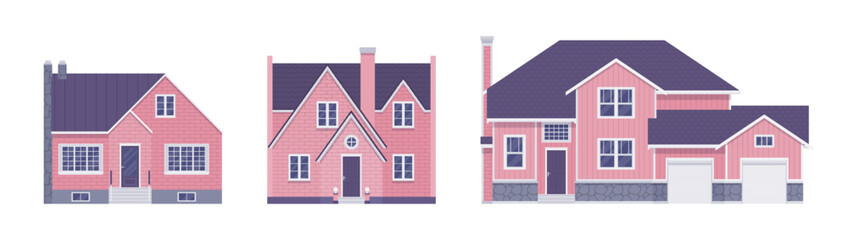 Light pink home exterior, facade cartoon set. Buying dream house with garage, building decor for designers, architects, builders, homebuyer architectural inspiration. Vector flat style illustration