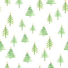 seamless pattern of Christmas trees painted with brush strokes on a white isolated background