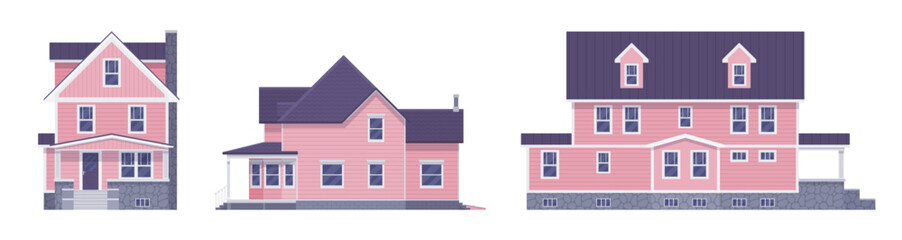 Light pink facade house cartoon set. Expensive residence, luxurious new home, housing agency, real estate market, happy homeownership, smart financial investment. Vector flat style illustration