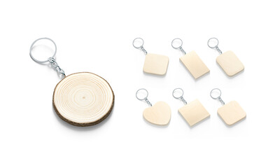 Blank wooden tag on chain mockup, different shapes