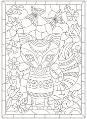 Contour illustration in the style of stained glass with a cute fox cub on a background of flowers, dark contours on a white background