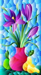 Illustration in stained glass style with floral still life, vase with a bouquet of purple flowersin a vase and fruit on a blue sky background