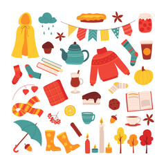 Autumn cozy icons set. Fall season elements collection. Seasonal food and clothes. Bundle of hand drawn clip arts for scrapbooking, card, stickers, invitation. Isolated flat vector illustration