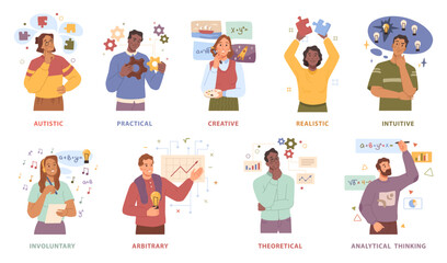 People with different types of thinking and mindset. Autistic and practical, creative and realistic, intuitive and involuntary, arbitrary and theoretical, analytical. Cartoon characters set, vector - obrazy, fototapety, plakaty