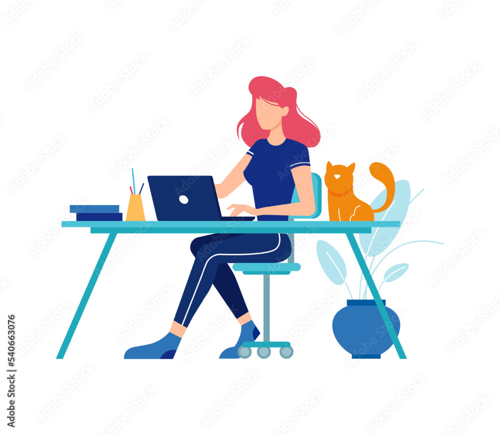 Poster distant worker using laptop for work. isolated woman working from home. freelancer completing projec