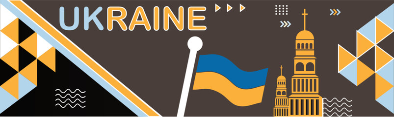 Ukraine banner for national day with abstract modern design. Ukrainian flag and map with typography and blue yellow color theme. Kyiv landmark, raised fists and embroidery background