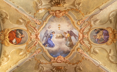 COURMAYEUR, ITALY - JULY 12, 2022: The ceiling fresco of Lamb of God  in church Chiesa di San...