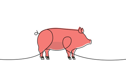 Pig one line colored continuous drawing. Piggy silhouette. Farm animal one line colorful illustration. Vector minimalist linear illustration.