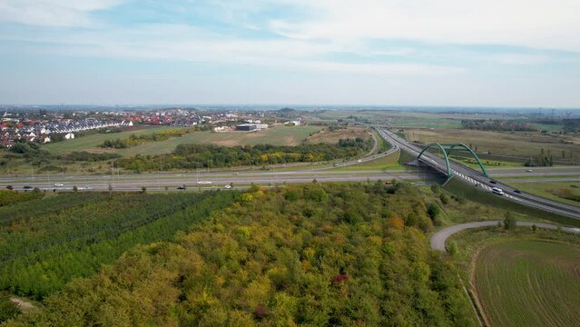 Aerial View Of Expressway S6 Through Rural Landscape Of Straszyn In Northern Poland. Dolly Back, Ascending Shot