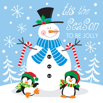 christmas card with snowman and penguin