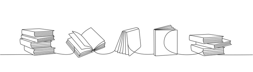 Books set one line continuous drawing. Bookstore, library continuous one line illustration. Vector minimalist linear illustration. - obrazy, fototapety, plakaty