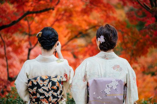 Young women wearing traditional Japanese Kimono and people with colorful maple trees in autumn is famous in autumn color leaves and cherry blossom in spring, Kyoto, Japan.