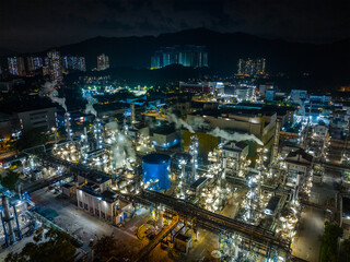 Fototapeta premium Top view of Hong Kong industrial factory at night