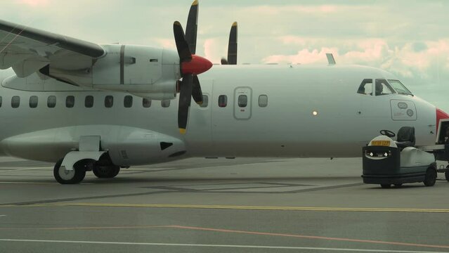 Twin-engine Turboprop Aircraft Propellers Spinning Before Take Off At Aalborg Airport In Denmark. - wide