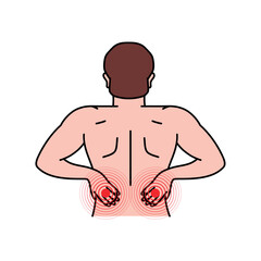 Pain in the human back. Backache. Pain in different part of man body set. Health problem of muscle pain and spinal issues.