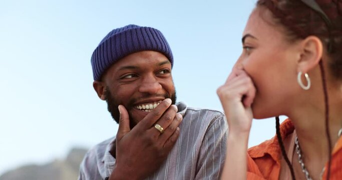Happy love, sky and couple communication on romantic outdoor date for fun, adventure and freedom. Peace, smile and relax black woman and gen z man talking in conversation, bond and enjoy quality time