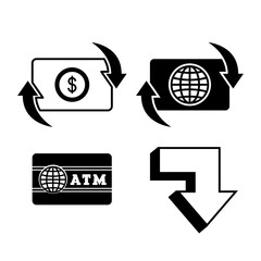 Set of Credit Card, ATM, Hand and Coins icons. ATM, Credit card. Euro and Dollar, Cash wallet, exchange. Banking credit card, atm payment. Economy And Banking concept, line style editable Vector Set