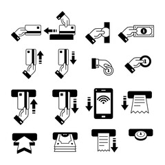 Set of Credit Card, ATM, Hand and Coins icons. ATM, Credit card. Euro and Dollar, Cash wallet, exchange. Banking credit card, atm payment. Economy And Banking concept, line style editable Vector Set