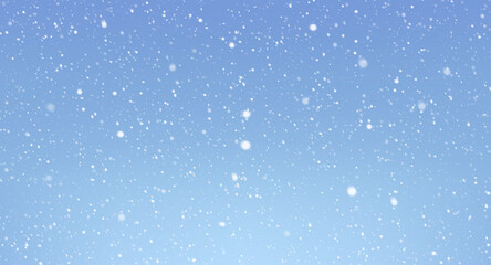 Vector heavy snowfall, snowflakes in different shapes and forms. White cold flake element on blue background. Snow flakes, snowy backdrop. White snowflakes flying in the air
