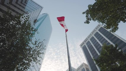 Corporate office building, Canadian flag waving, downtown business district, high rise skyscraper, downtown Vancouver. 4K 24FPS