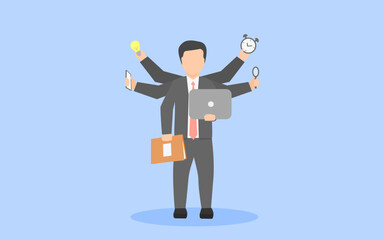 multitasking concept, workaholic concept, overworked concept. businessman with many hand doing many tasks