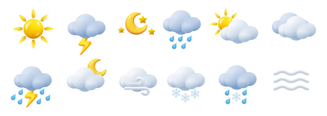 Obraz premium Weather conditions and various forecast icons. Isolated sunshine and thunderbolts, heavy rain and fog, wind and blizzard. Vector in 3d, realistic style. Rainy and sunny weather, clouds and mist