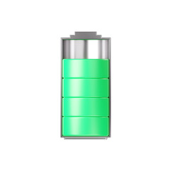 Battery 3d icon - full level capacity, energy load. Power charge level, lithium cell