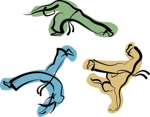 People doing capoeira movements. Black ink designed line arts of woman and man performing capoeira acrobatics. Vector logo icon illustration.