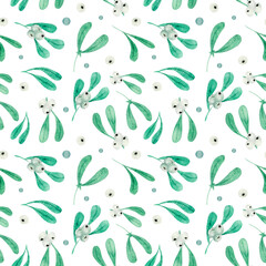 Fototapeta na wymiar Watercolor seamless Christmas pattern, mistletoe on white background. For various products, fabric, wrapping paper etc.