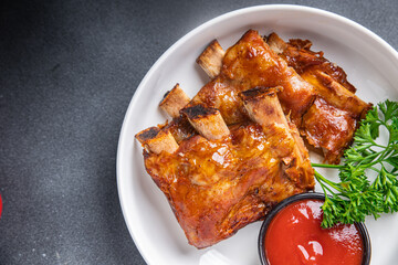 pork ribs grill barbecue fried meal food snack on the table copy space food background 