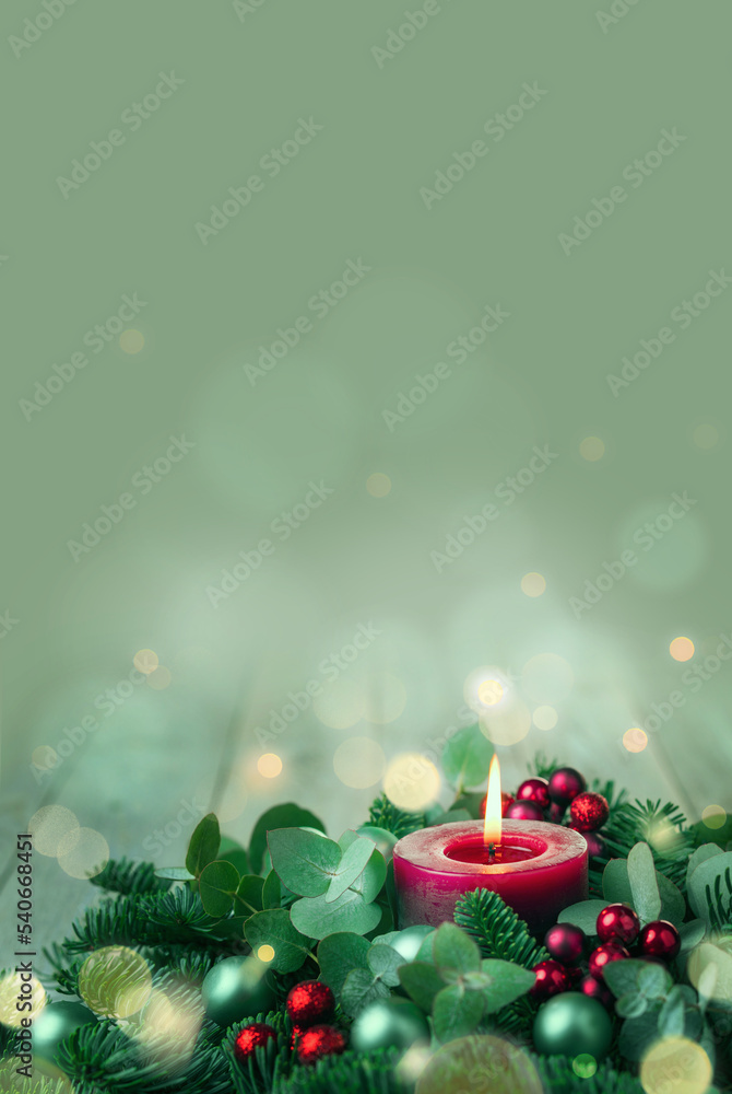 Wall mural burning advent candle - abstract christmas background - first advent sunday - vertical, upright form