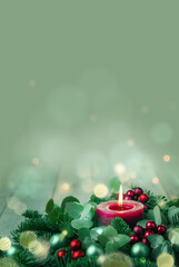 Burning Advent Candle - Abstract Christmas Background - First Advent Sunday -  Vertical, upright format with copy space