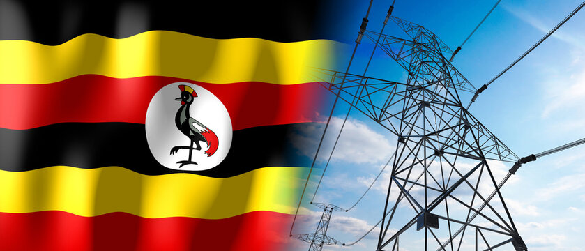 Uganda - country flag and electricity pylons - 3D illustration