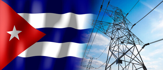 Cuba - country flag and electricity pylons - 3D illustration