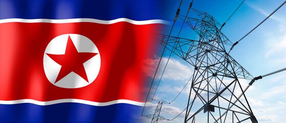 North Korea - country flag and electricity pylons - 3D illustration