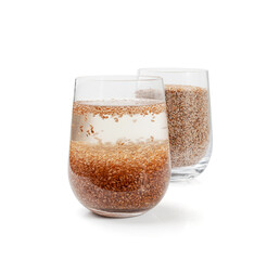 Plantago Ovata Seeds in Glass of Water Isolated, Psyllium Husk, Isabgol Ispaghula